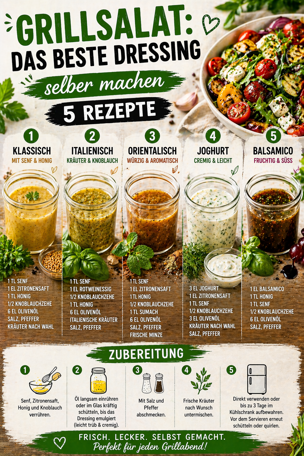 Pinterest Pin: Grillsalat: Das beste Dressing selber machen – 5 Rezepte
