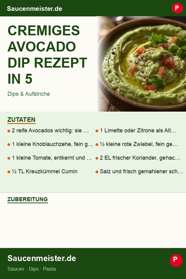 Pinterest Pin: Cremiges Avocado Dip Rezept in 5 Minuten – So einfach, so lecker!