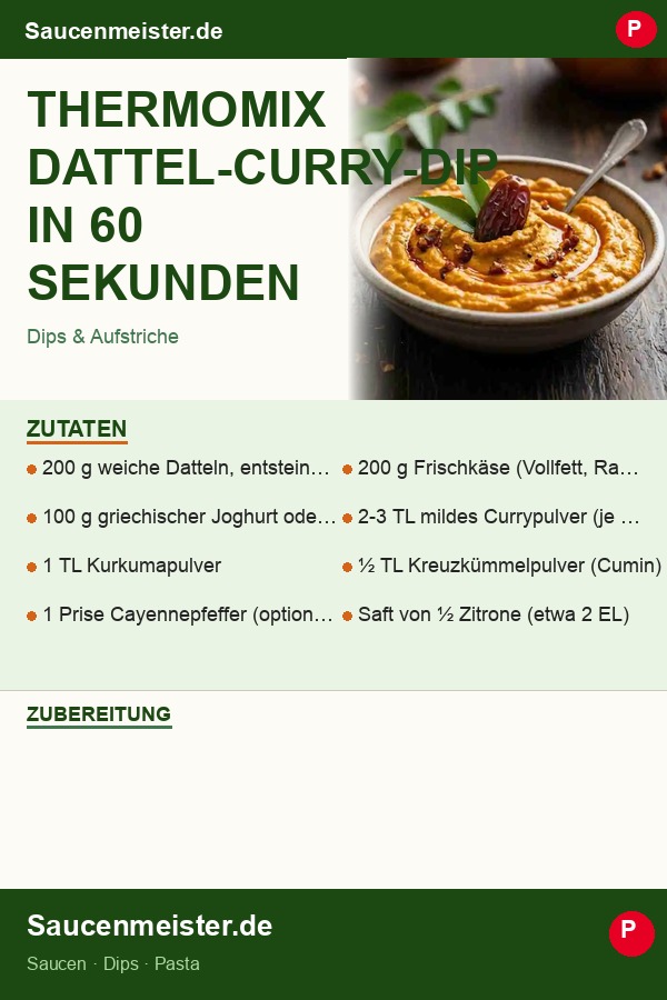 Pinterest Pin: Thermomix Dattel-Curry-Dip in 60 Sekunden – Gäste dachten, ich sei Profi